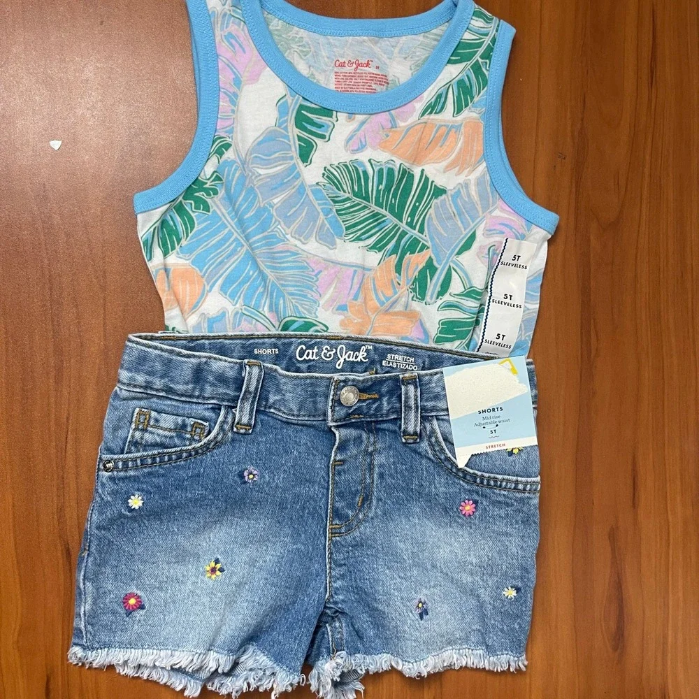 Cat &‎ Jack Girls 5T Tropical Tank Top & Embroidered Denim Shorts Summer Outfit
